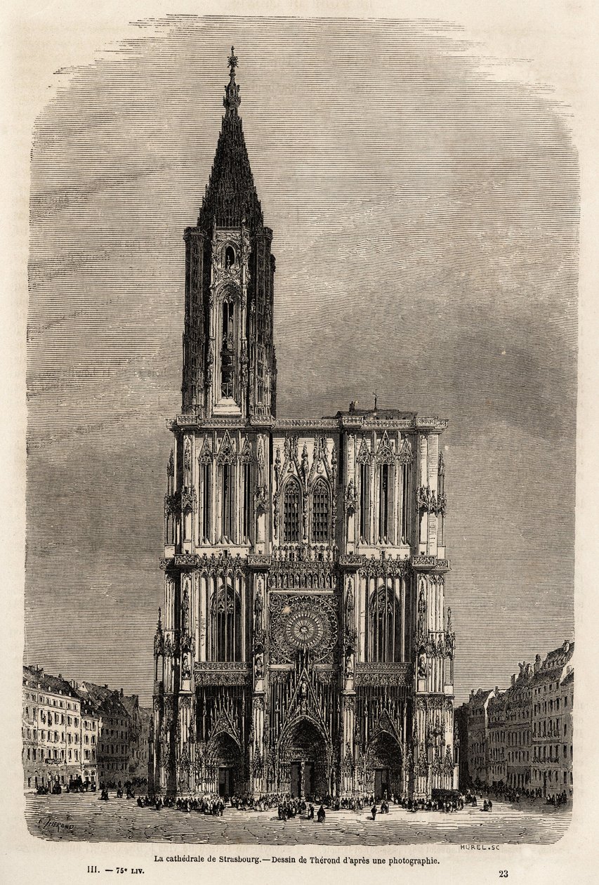 La fachada de la catedral de Estrasburgo, dibujo de Therond, para ilustrar el viaje de Victor Duruy de París a Bucarest en 1860. Grabado en "Le tour du monde" 1861. Colección Selva de Emile Theodore Therond