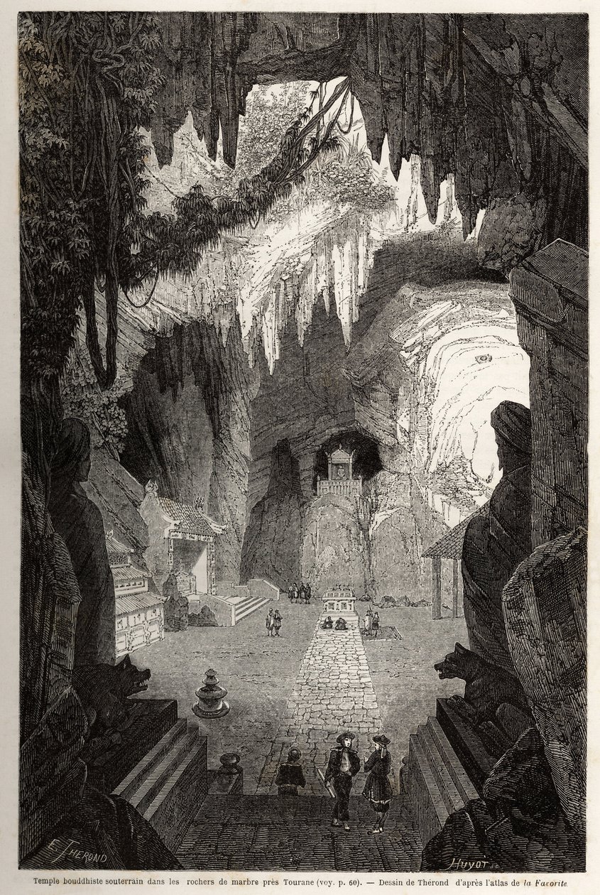 Templo budista subterráneo en rocas de mármol cerca de Tourane, dibujo de Therond, para ilustrar las notas de una correspondencia única con Cochinchina. Grabado en "Le tour du monde, nouveau journal des voyages" París de Emile Theodore Therond