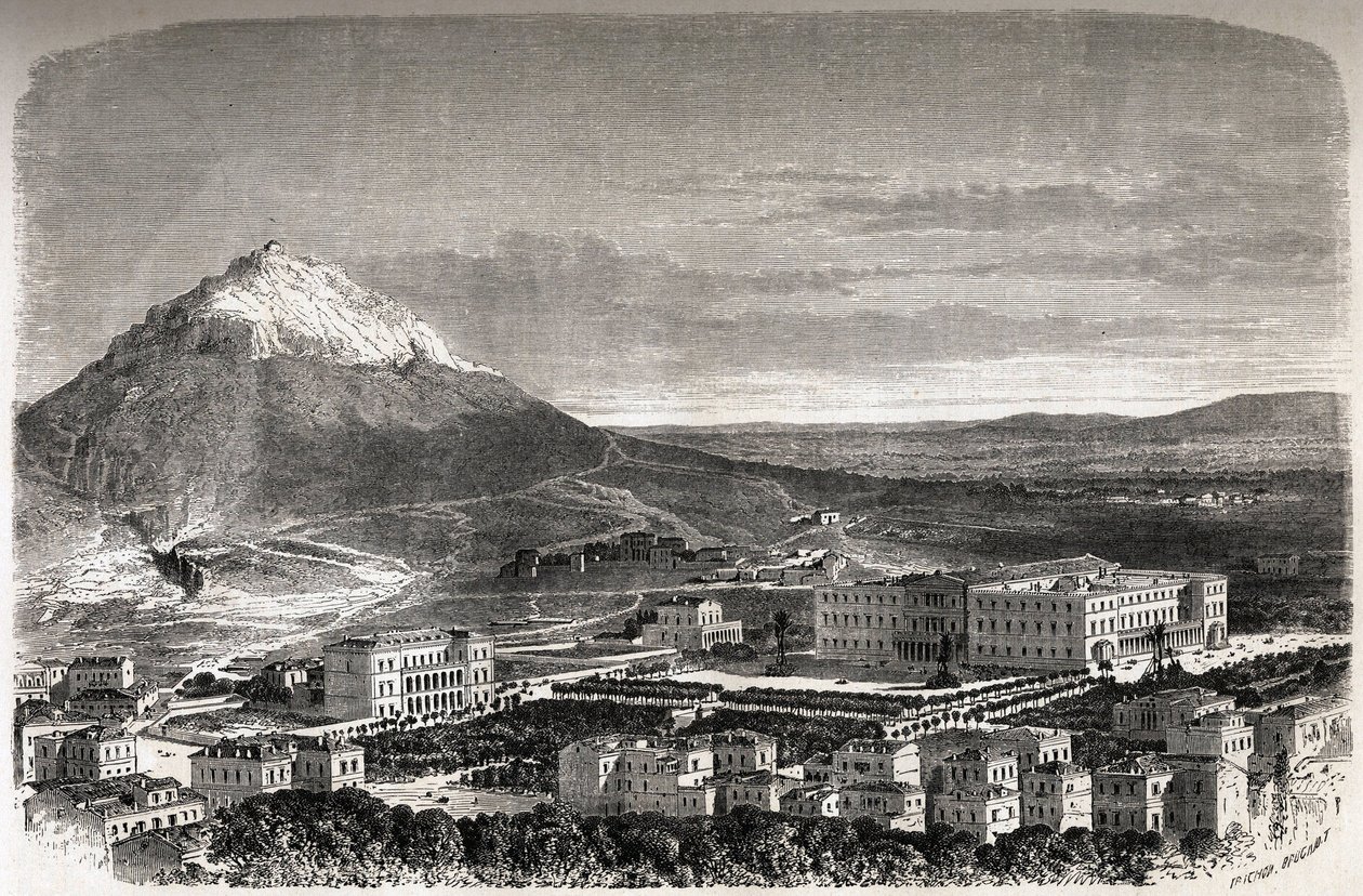 Vista de Atenas, Grecia, dibujo de Therond, para ilustrar la historia de M.A. Proust, un invierno en Atenas de Emile Theodore Therond