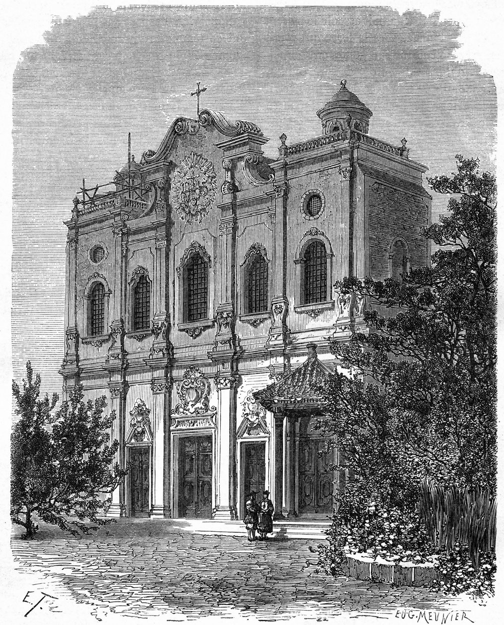 Vista de la fachada de la catedral de Nantang, construida en el sitio de la casa de Matteo Ricci (1552-1610), padre del catolicismo en China. Grabado después de un dibujo de Therond, en “Le Tour du Monde, Nouveau journal des Voyages”, editado por Edouard C de Emile Theodore Therond