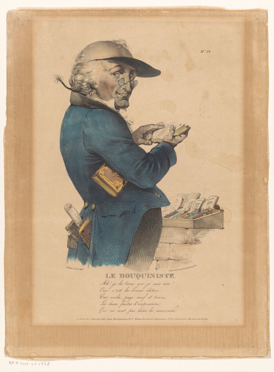 Un hombre mira un libro frente a un puesto de libros
Le bouquiniste (título en el objeto) de Émile Wattier