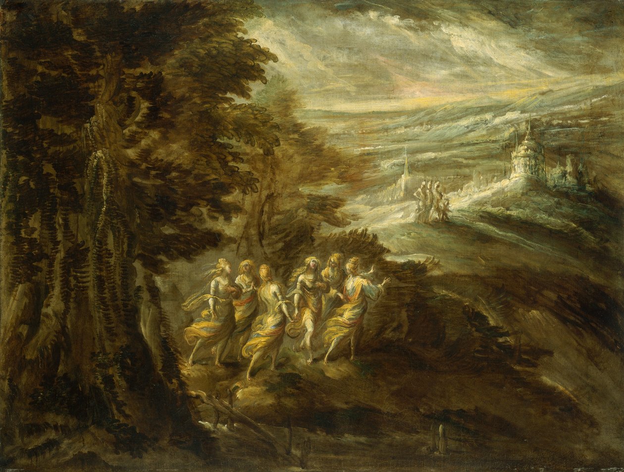 Paisaje fantástico con figuras de Emilian 16th Century
