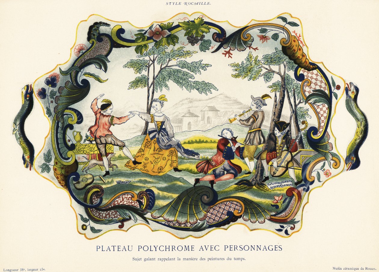 Plato con figuras en estilo rocalla, Rouen. ,1870 (cromolitografía) de Emilie Pottier