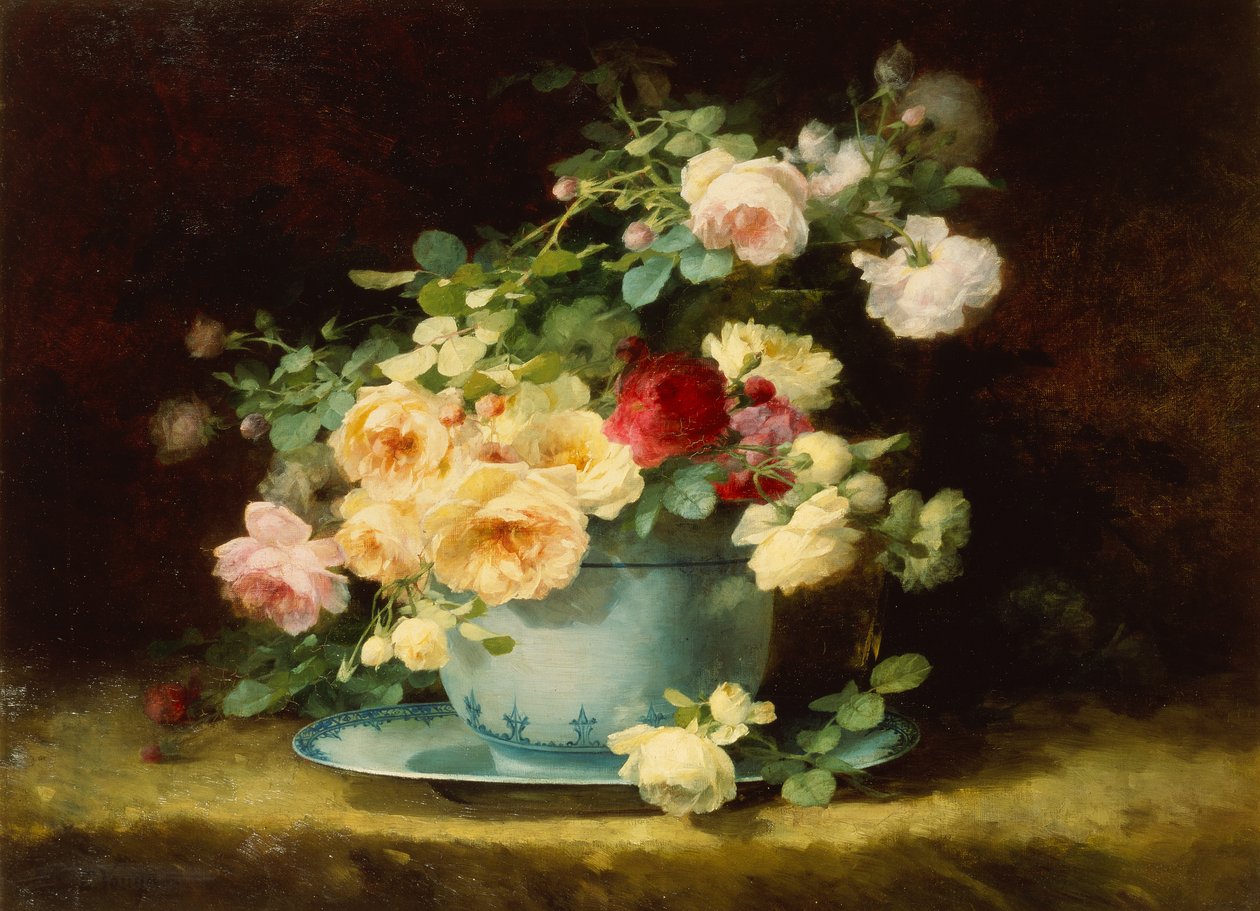 Rosas en un cuenco de Porcelana Azul y Blanca (óleo sobre lienzo) de Emilie Vouga