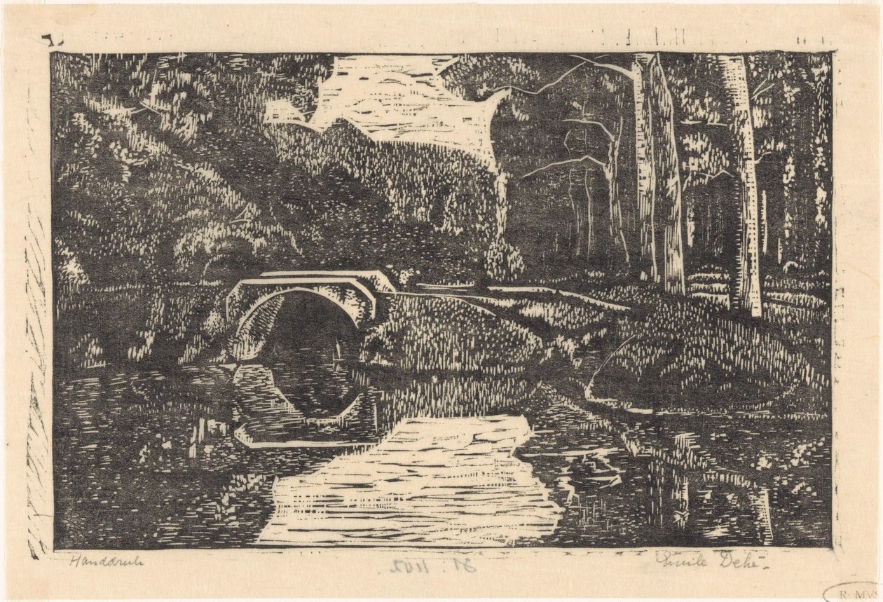 Puente sobre un foso en un bosque de Emilius Wilhelmus Dehé (signed by artist)