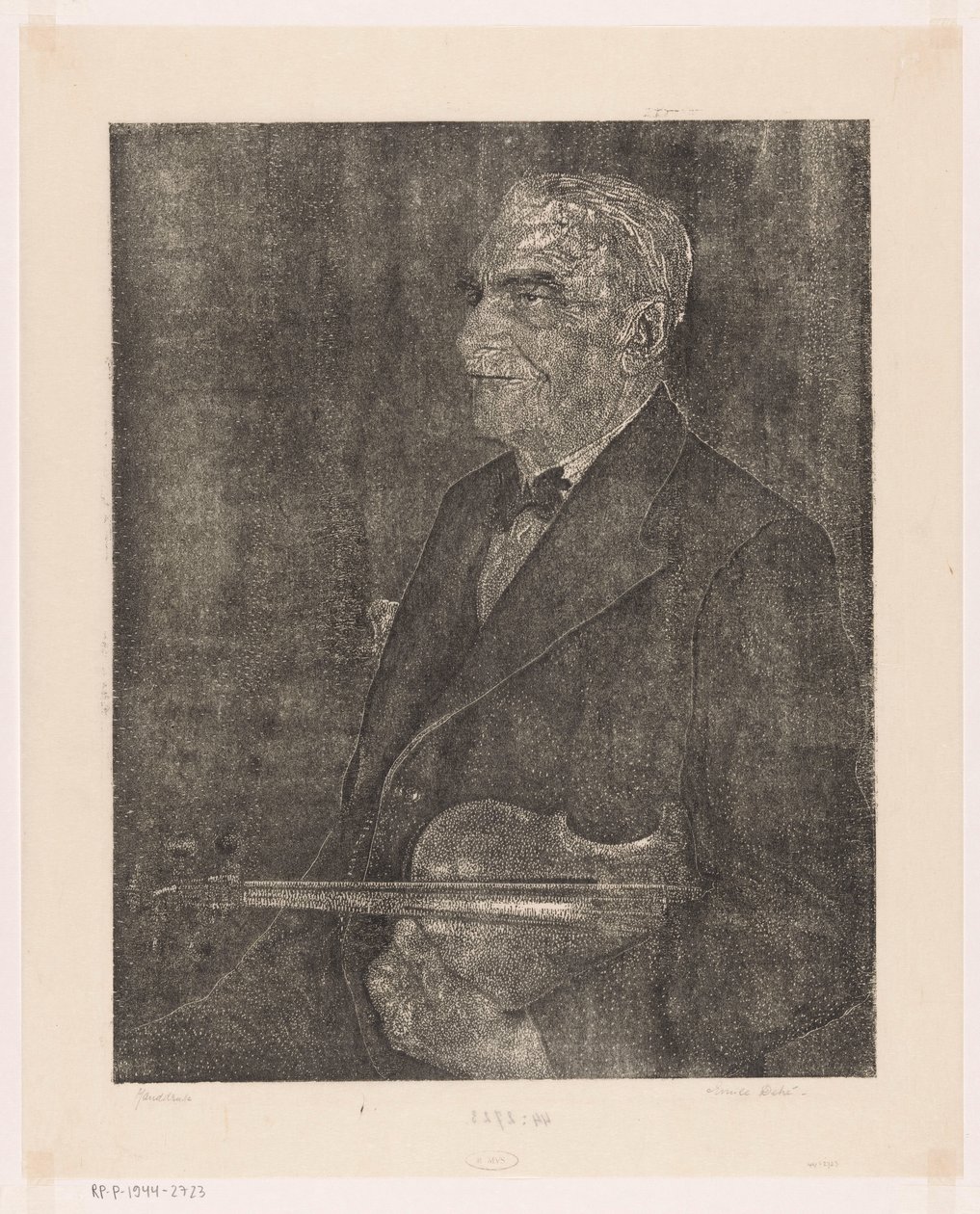 Retrato del padre del artista con violín de Emilius Wilhelmus Dehé (signed by artist)