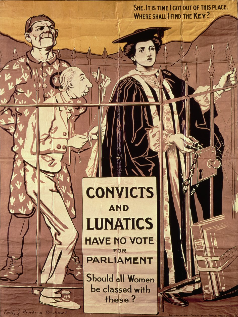 Los convictos y los lunáticos no tienen voto en el Parlamento. ¿Deberían todas las mujeres ser clasificadas con ellos?", cartel de propaganda sufragista, c.1910 (litografía) de Emily J. Harding Andrews