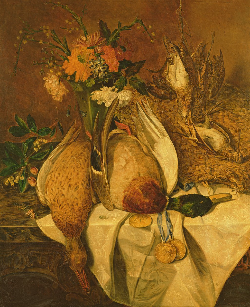Naturaleza muerta con ánade real, agachadizas y medallas de oro, c.1850 de Emily Stannard