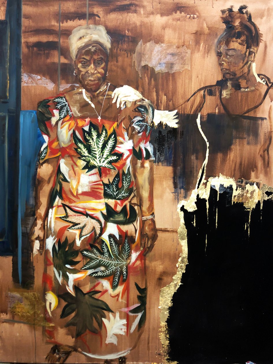 Unknowing Nanabaa, 2021 (óleo, acrílico, papel y pan de oro de imitación sobre lienzo) de Emma Prempeh