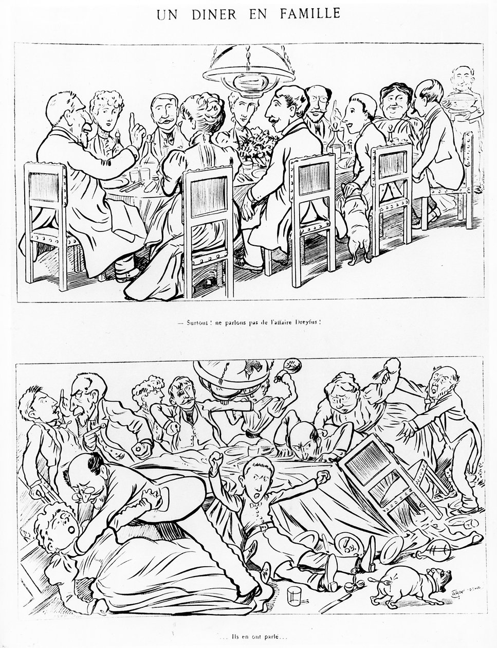 Caricatura de una cena familiar antes y después de hablar sobre el caso Dreyfus, c.1894 de Emmanuel Poire Caran D