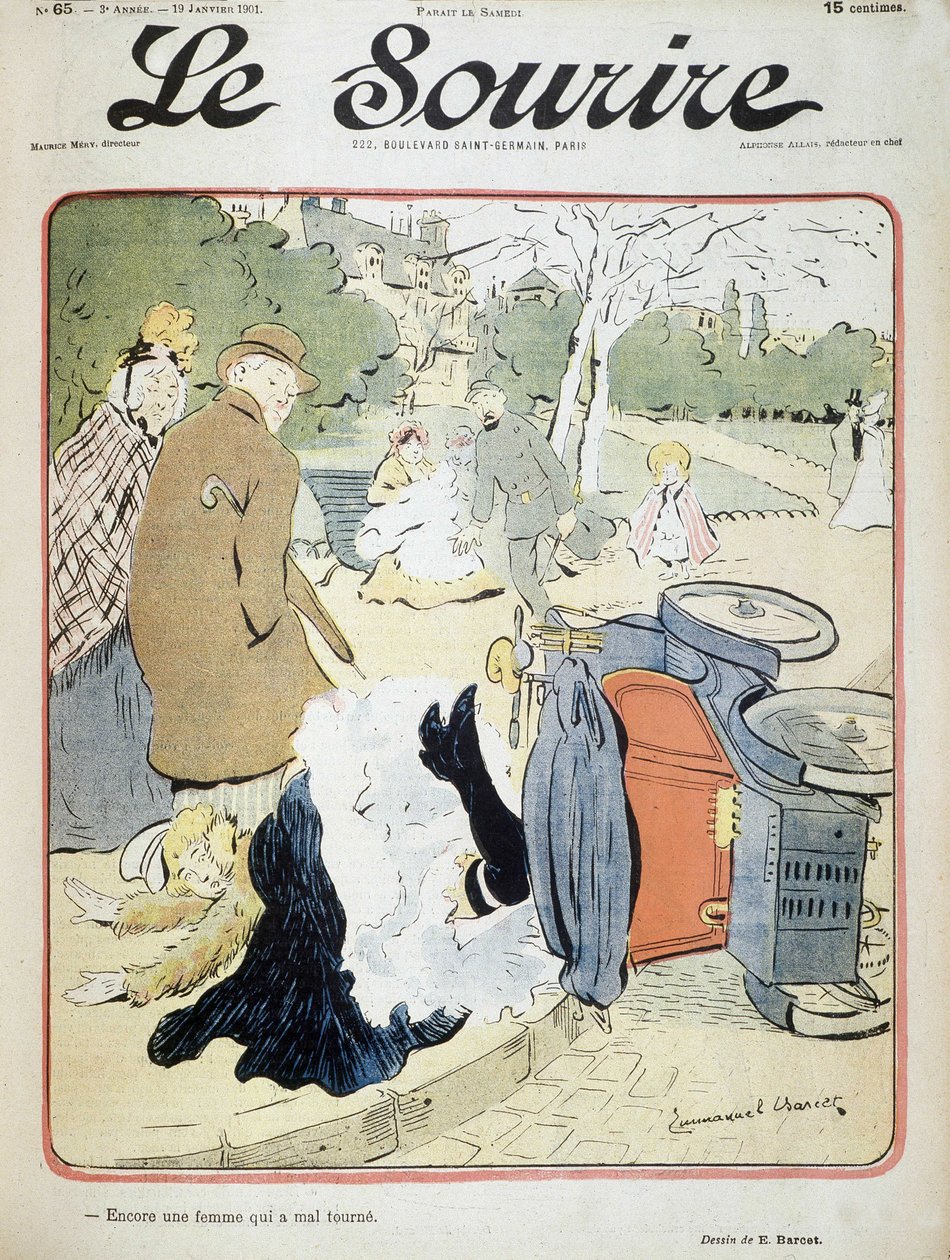 Accidente de coche: "Otra mujer que se equivoca." Ilustración de Emmanuel Barcet (1870-1940) - en "Le Smile" del 19/01/1901 de Emmanuel Barcet