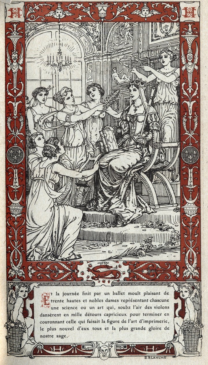 Ballet en el castillo de Fontainebleau durante el cual las damas de la corte del rey Enrique II (1519 - 1559) representan cada una una ciencia o arte. Grabado de 1914 de Emmanuel Blanche (1880-1946).DR Colección privada. de Emmanuel Blanche