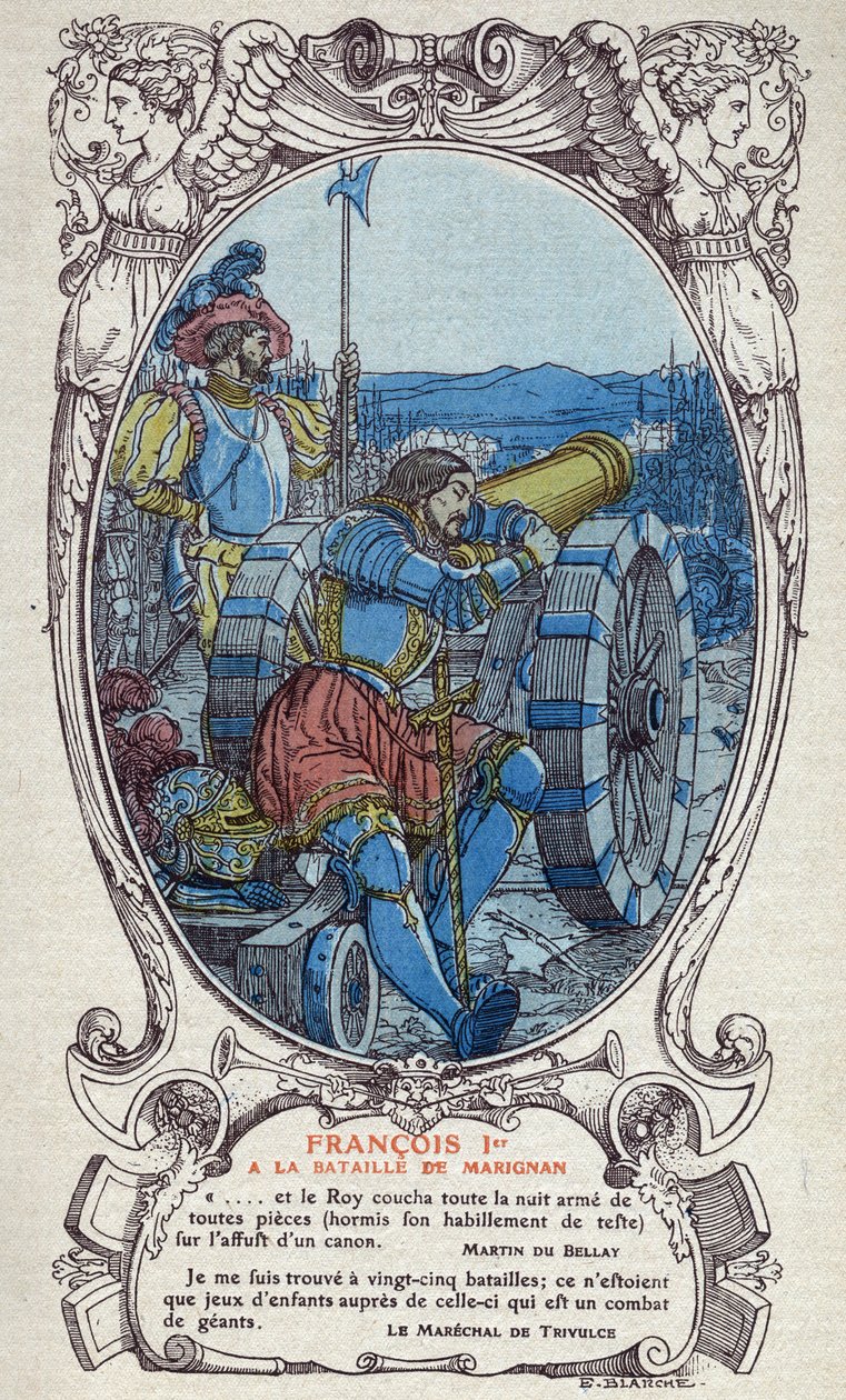 El rey de Francia Francois I (1494-1547) en la batalla de Marignan el 13 y 14 de septiembre de 1515. Grabado de 1914 de Emmanuel Blanche (1880-1946).DR Colección privada. de Emmanuel Blanche