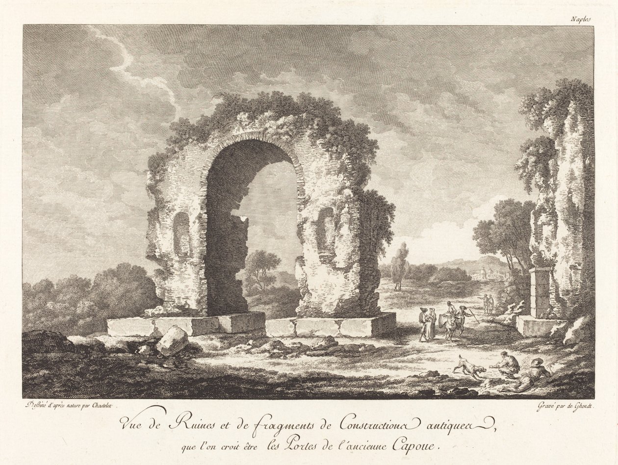 Vista de ruinas y fragmentos de construcción antigua... de la antigua Capua de Emmanuel Jean Nepomucène de Ghendt after Claude Louis Châtelet