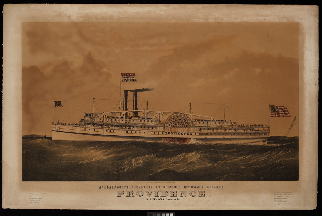 El mundialmente conocido vapor Providence B M Simmons de la Narragansett steamship Co. Comandante... (litografía, coloreada) de Endicott Endicott