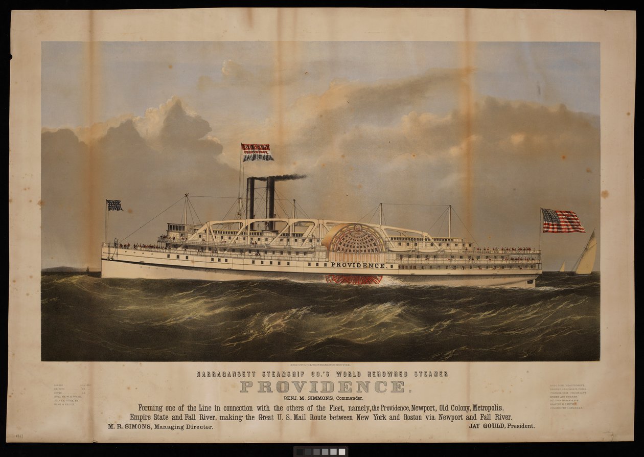 El mundialmente conocido vapor Providence Benj M Simmons de la Narragansett steamship Co. Comandante... (litografía) de Endicott Endicott