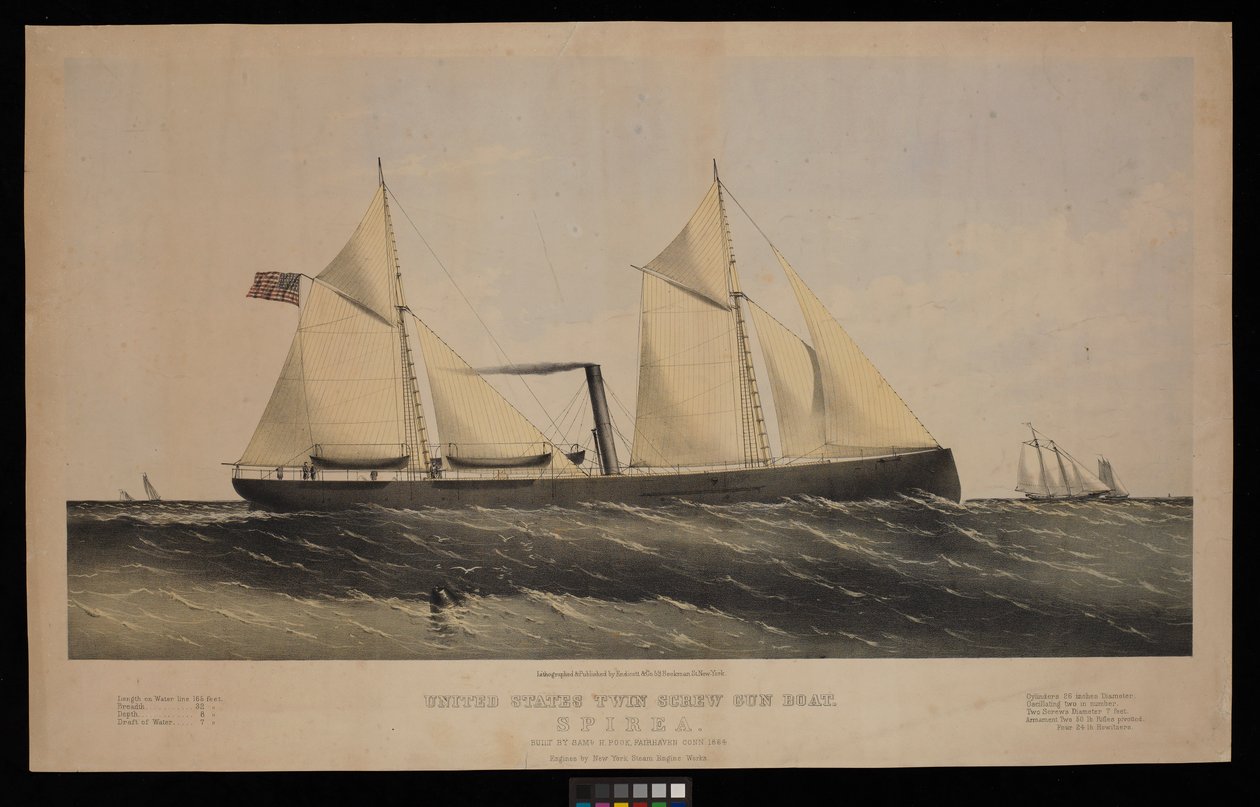 Cañonero de doble husillo de los Estados Unidos. Spirea. Construido por Saml H Pouk Fairhaven Conn. 1864... (litografía, coloreada) de Endicott Endicott
