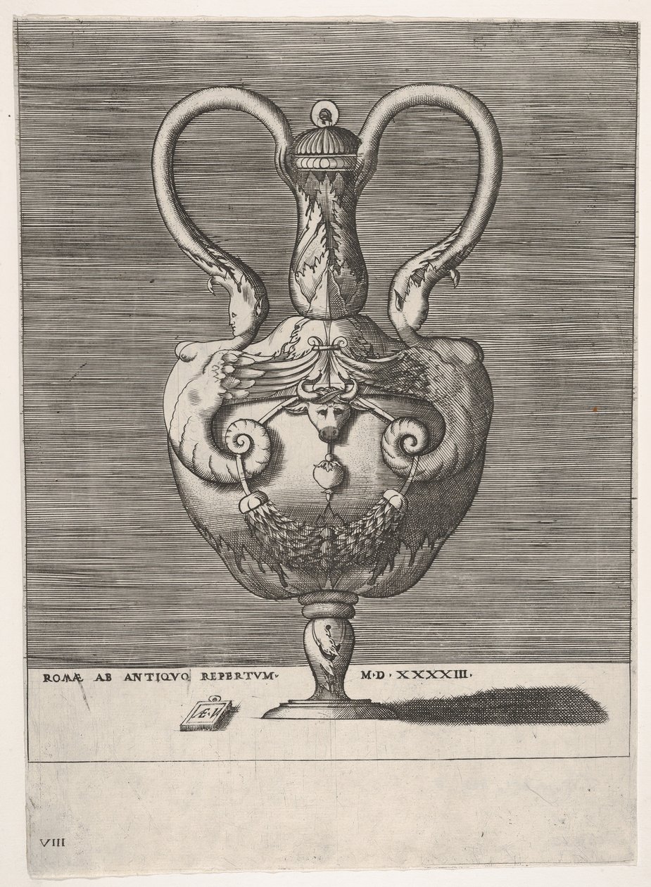 Jarrón antiguo con tapa y dos asas emergiendo de las cabezas de esfinges híbridas de Enea Vico