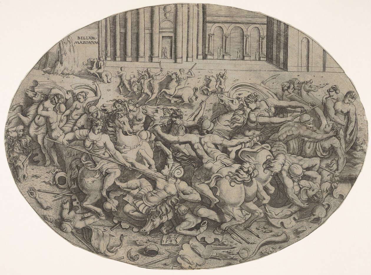 Combate entre amazonas y hombres frente a arcadas arquitectónicas, una composición ovalada con..., 1543 de Enea Vico