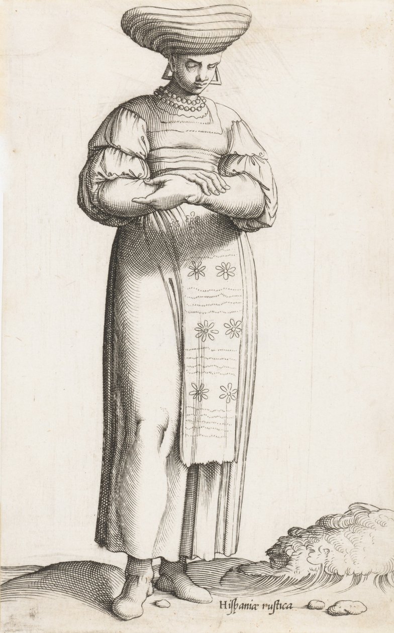 Placa de vestuario: Hispania Rústica mul. con etiqueta en el suelo, ca. 1557-58. de Enea Vico