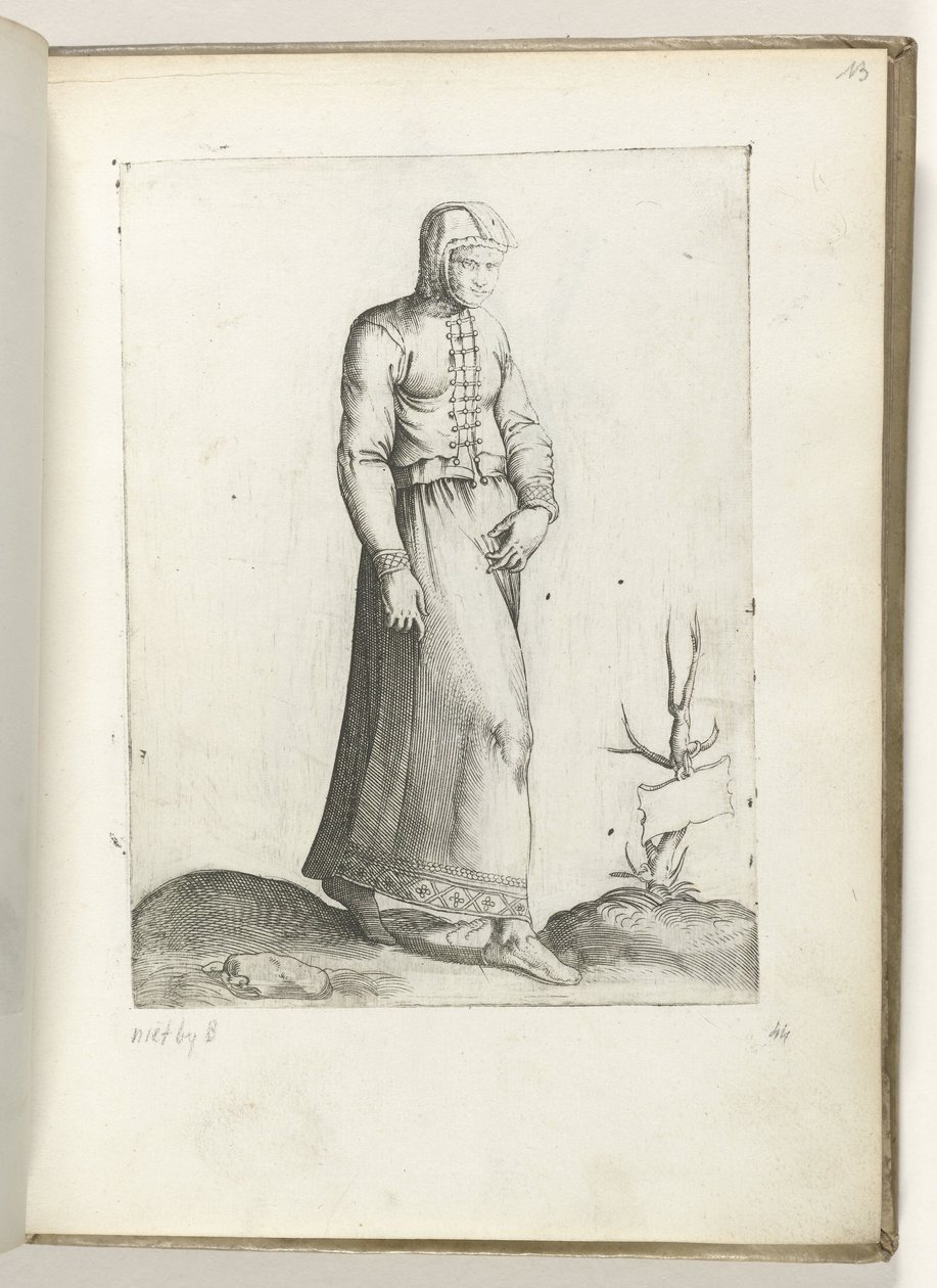 Een vrouw uit Spanje, gekleed volgens de mode van ca. 1550 La actitud de los comerciantes contemporáneos (título de la serie) de Enea Vico