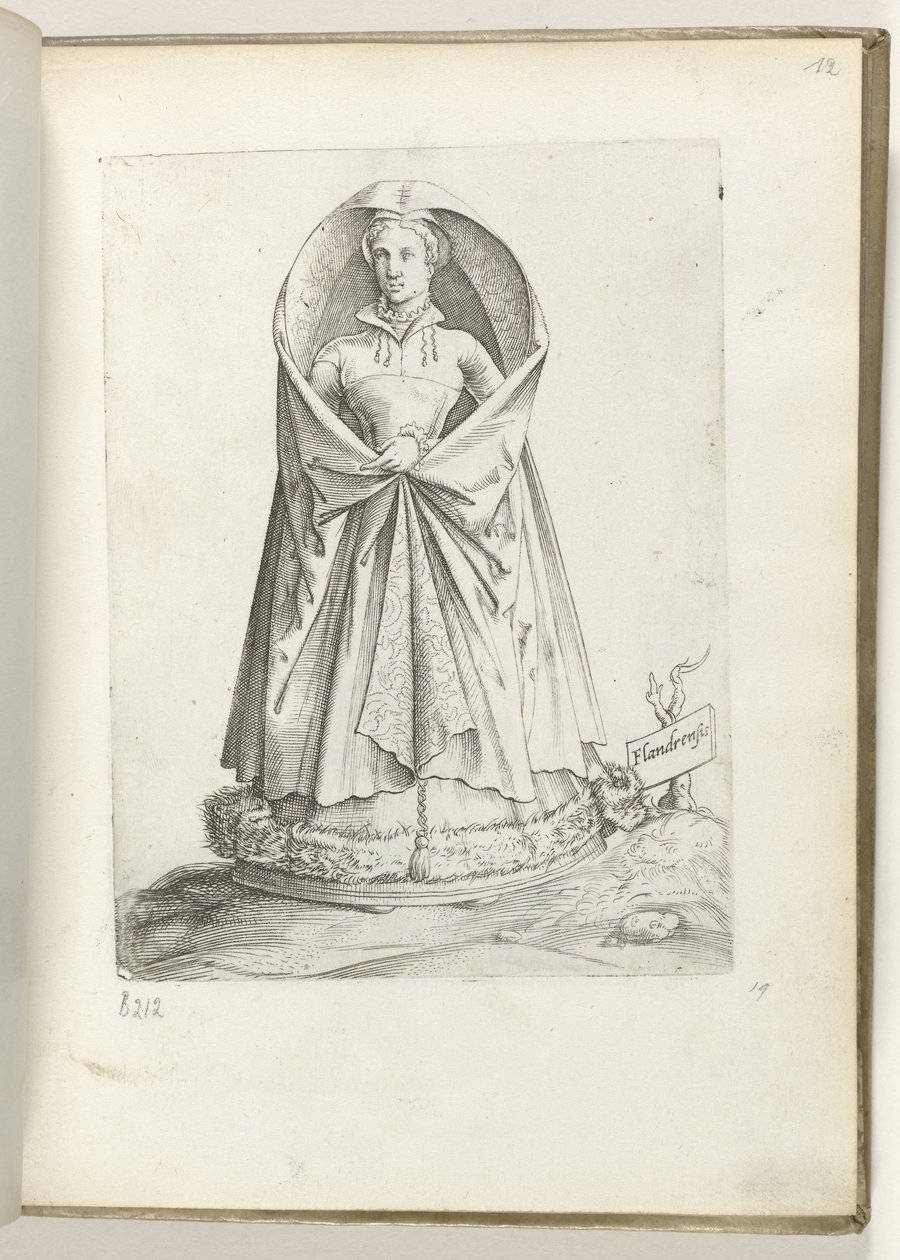 Flandes (título sobre objeto) Een vrouw uit Vlaanderen, gekleed volgens de mode van ca. 1550 La actitud de los comerciantes contemporáneos (título de la serie) de Enea Vico