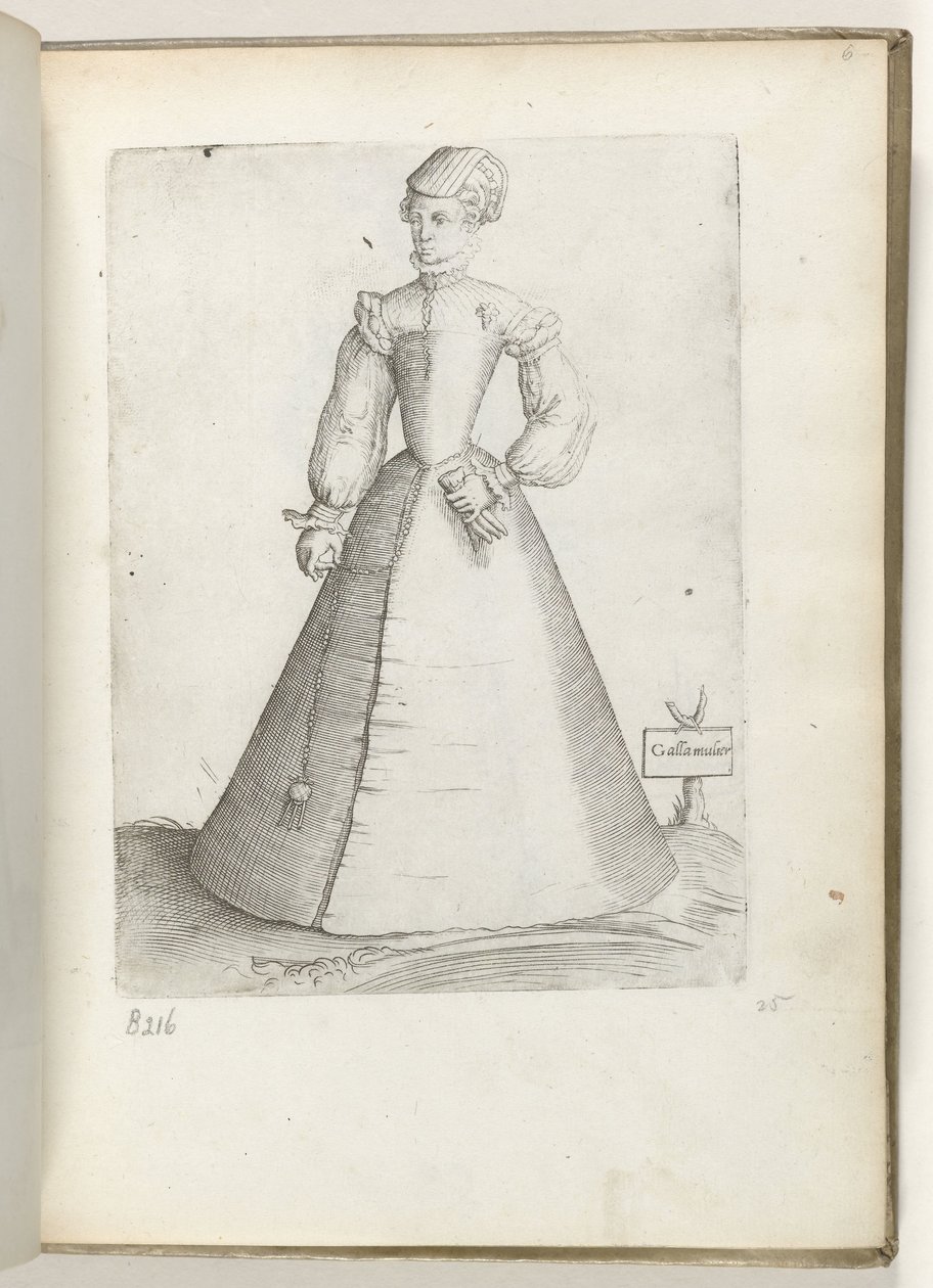 Galla Mulier (título sobre objeto) Una mujer casada de Francia, vestida a la moda de alrededor de 1550 Diversarum gentium nostrae aetatis habitus (título de la serie) de Enea Vico