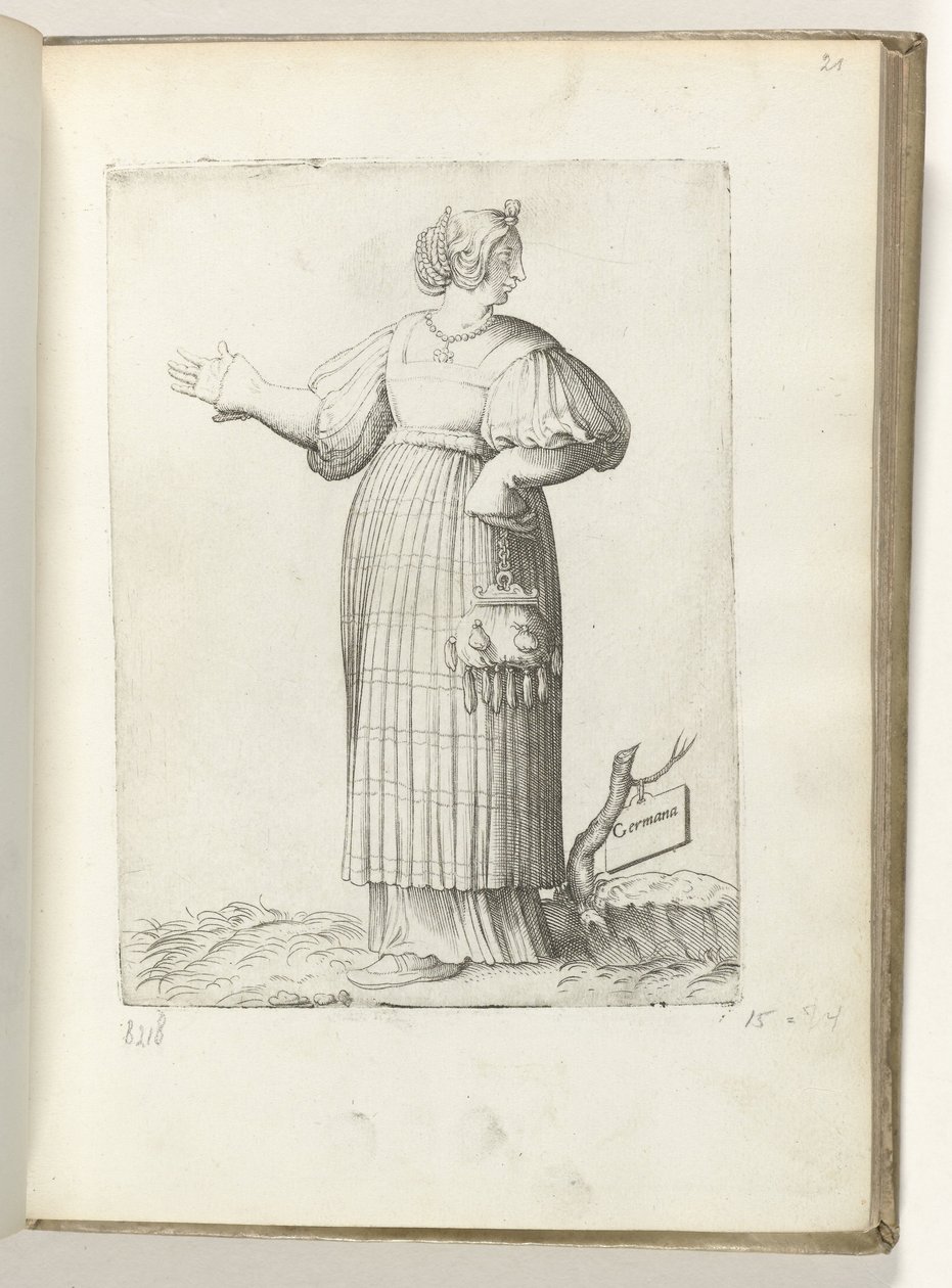 Germana (título sobre objeto) Vrouw gekleed volgens de Duitse mode ca 1550 La actitud de los comerciantes contemporáneos (título de la serie) de Enea Vico