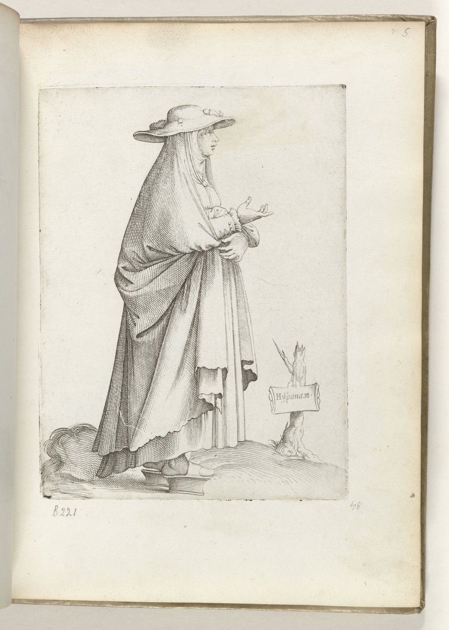 Hispana m(ulier) (título sobre objeto) Vrouw naar rechts, en Spaanse kleding. California. 1550 La actitud de los comerciantes contemporáneos (título de la serie) de Enea Vico