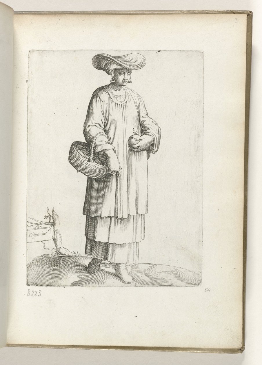 Español (título sobre objeto) Vrouw conoció a mand en Spaanse kleding. California. 1550 La actitud de los comerciantes contemporáneos (título de la serie) de Enea Vico