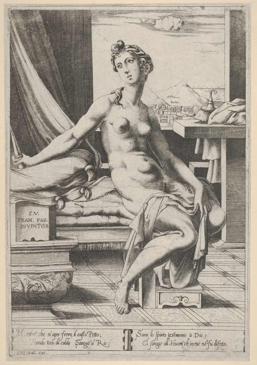Lucrecia desnuda y sentada frente a una ventana, un puñal en su mano derecha y sosteniendo, ca. 1535-67 de Enea Vico