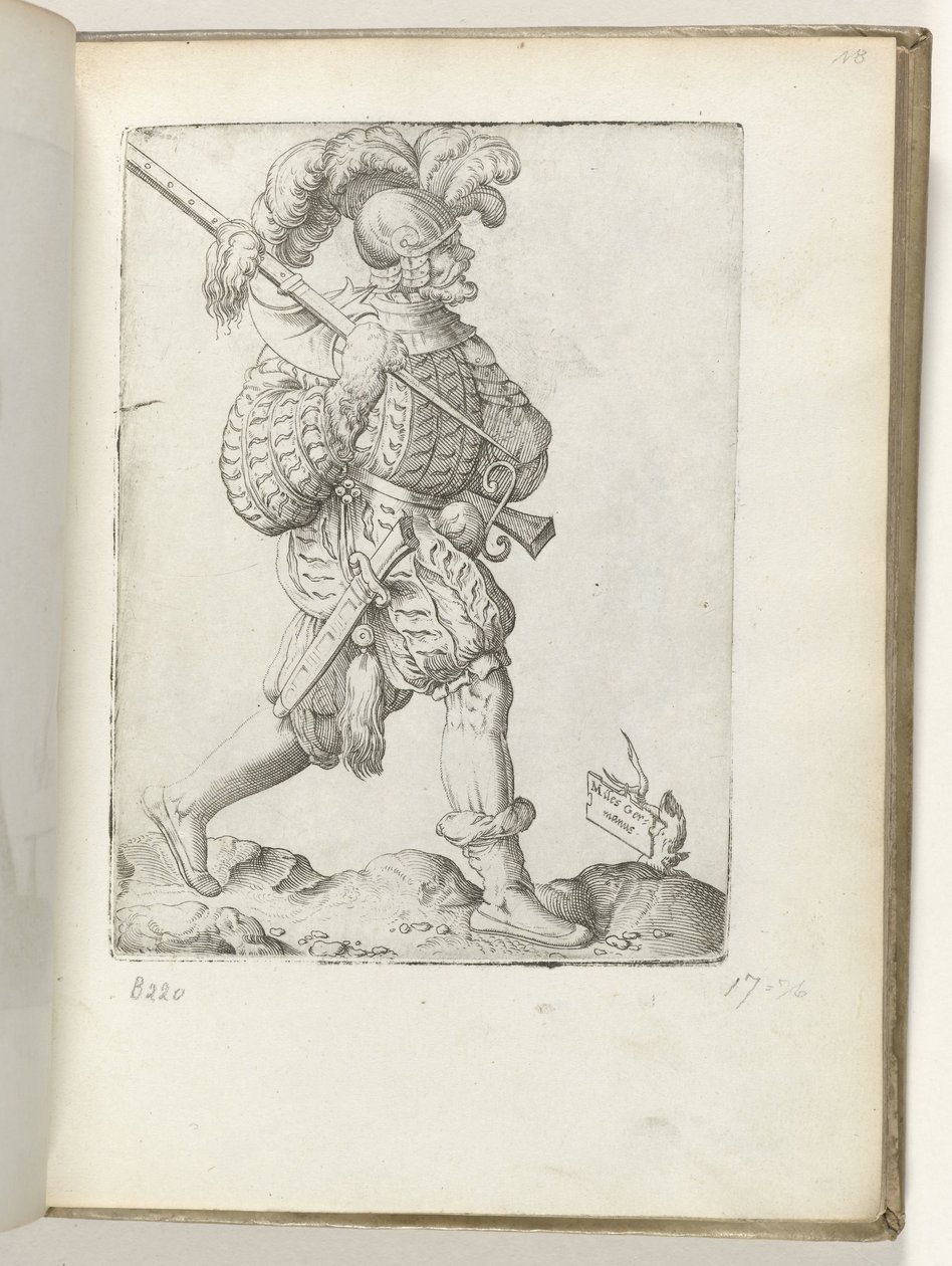 (título en el objeto) Duitse soldaat, gekleed volgens de mode van ca. 1550 La actitud de los comerciantes contemporáneos (título de la serie) de Enea Vico