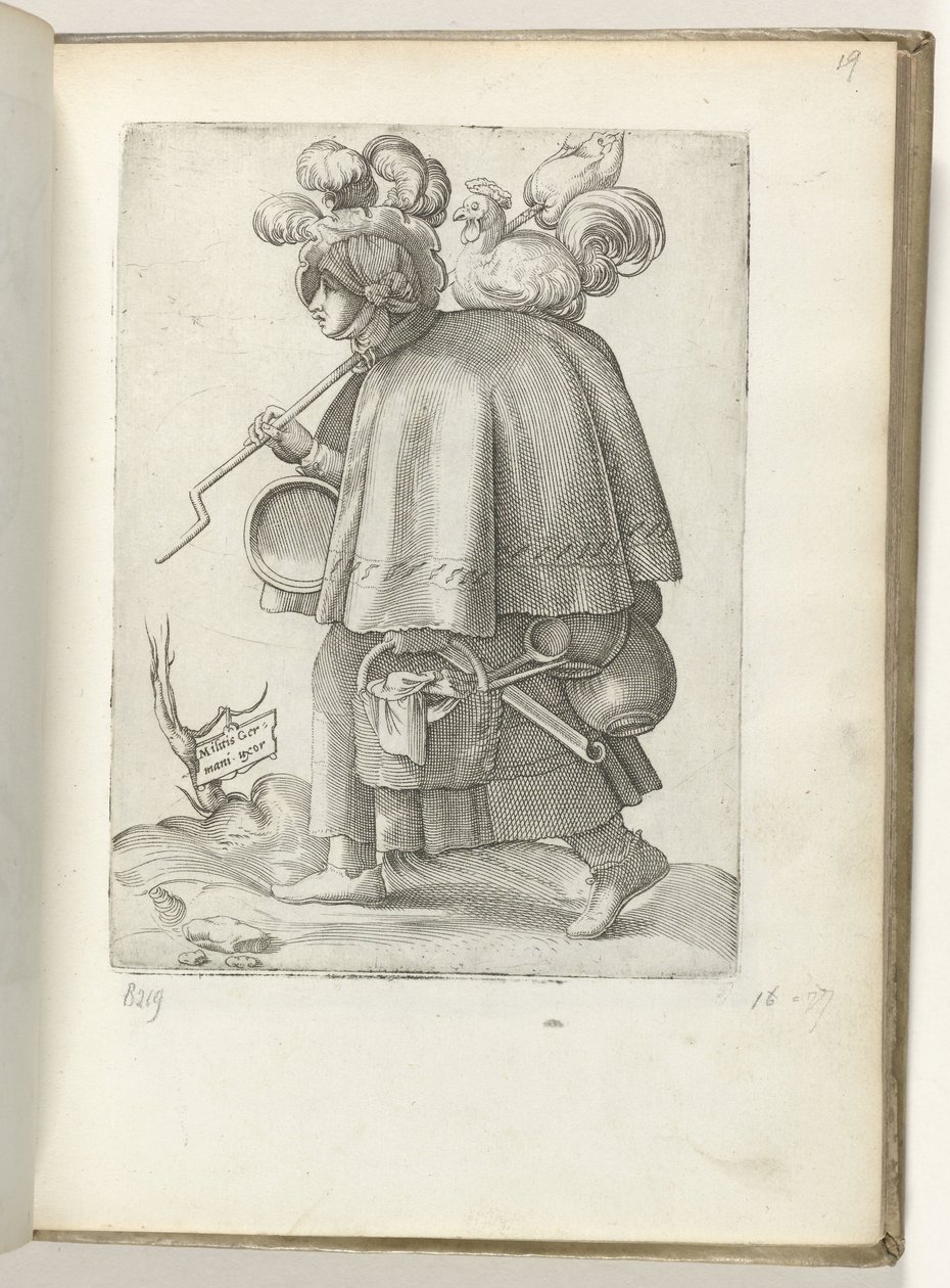 Esposa de soldado alemán (título sobre objeto) Duitse soldatenvrouw, gekleed volgens de mode van ca. 1550 La actitud de los traders contemporáneos de Enea Vico