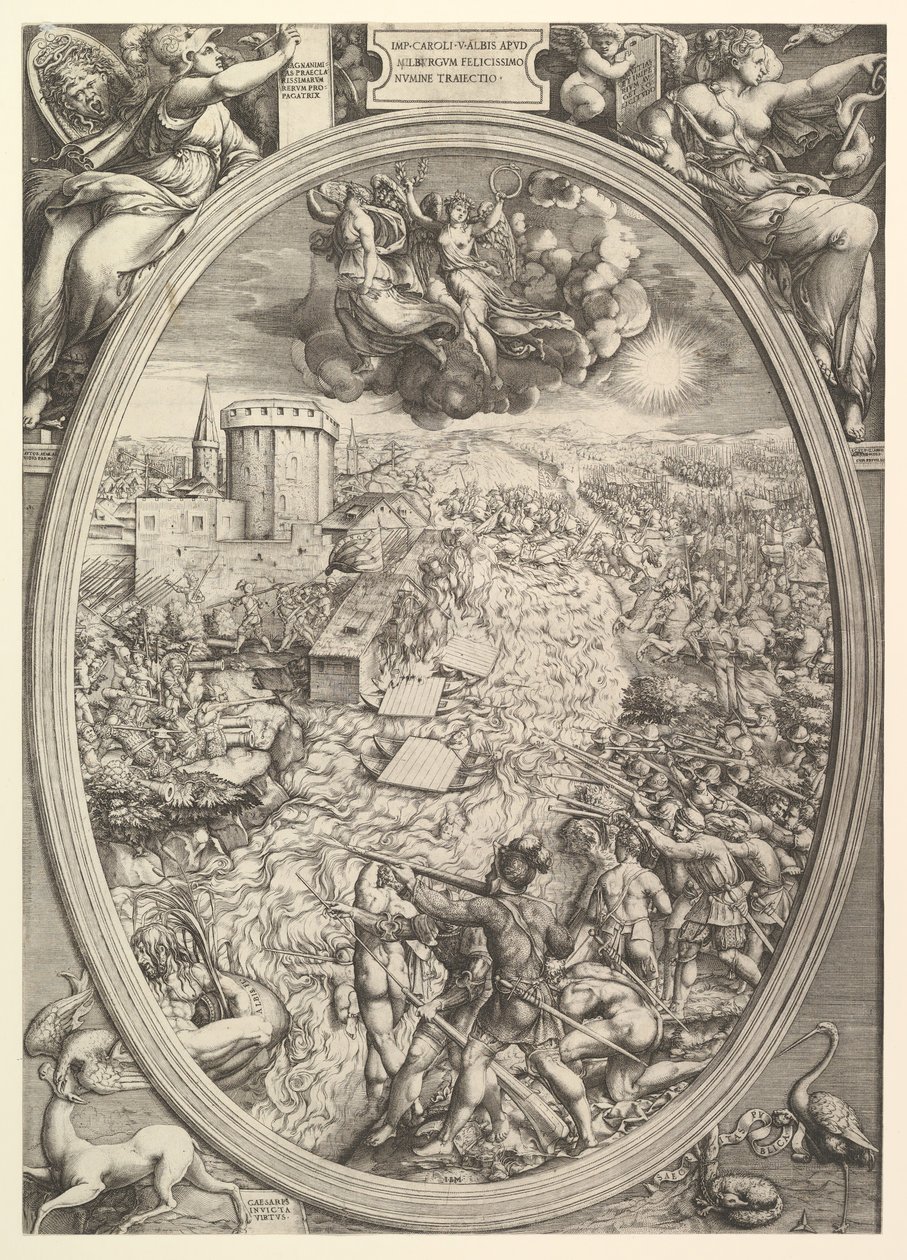 La Batalla de Mühlberg con el ejército de Carlos V cruzando el río Elba de Enea Vico