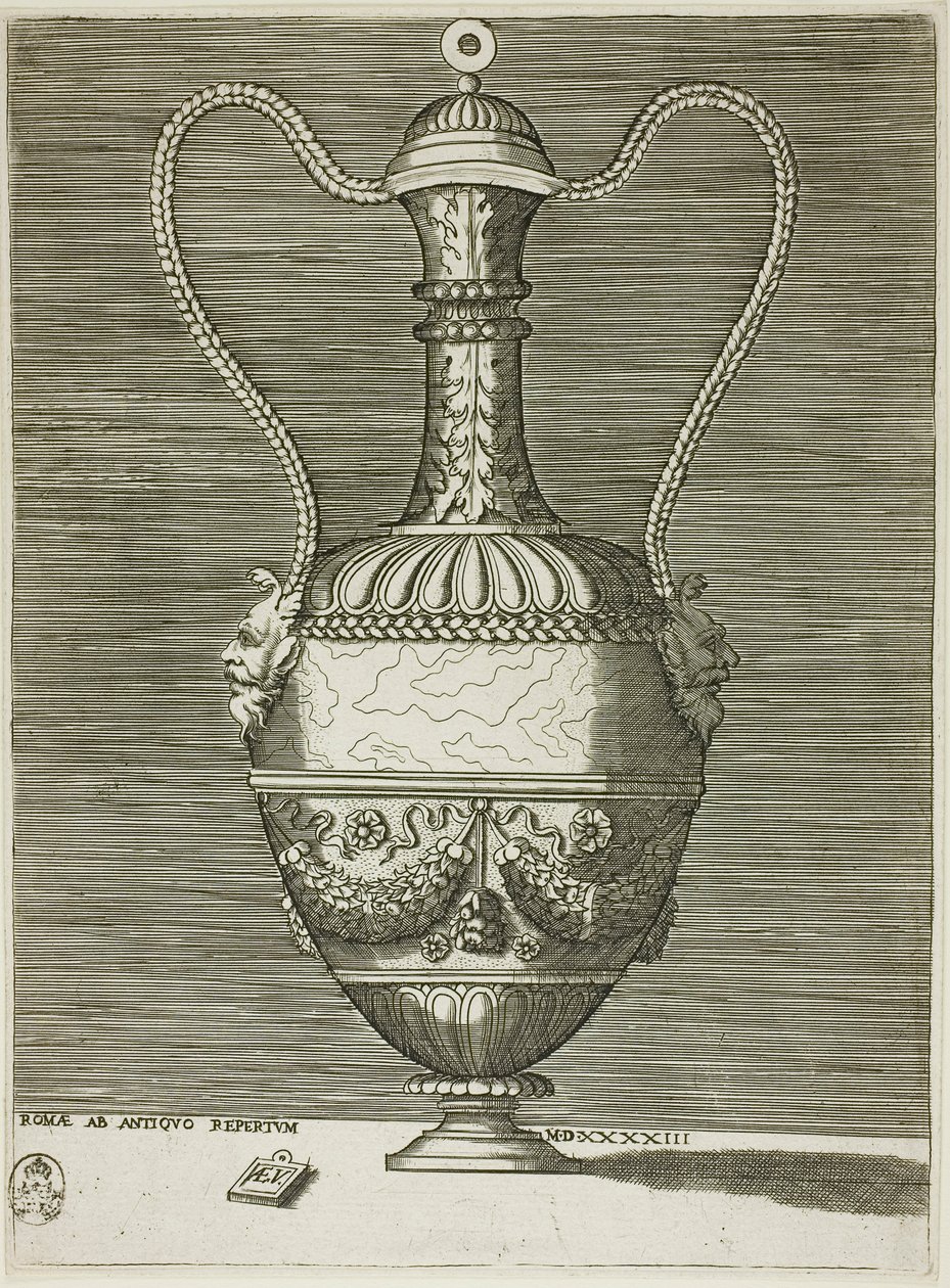 Jarrón con dos máscaras grotescas, plato seis de Una serie de jarrones dibujados según la antigüedad de Enea Vico