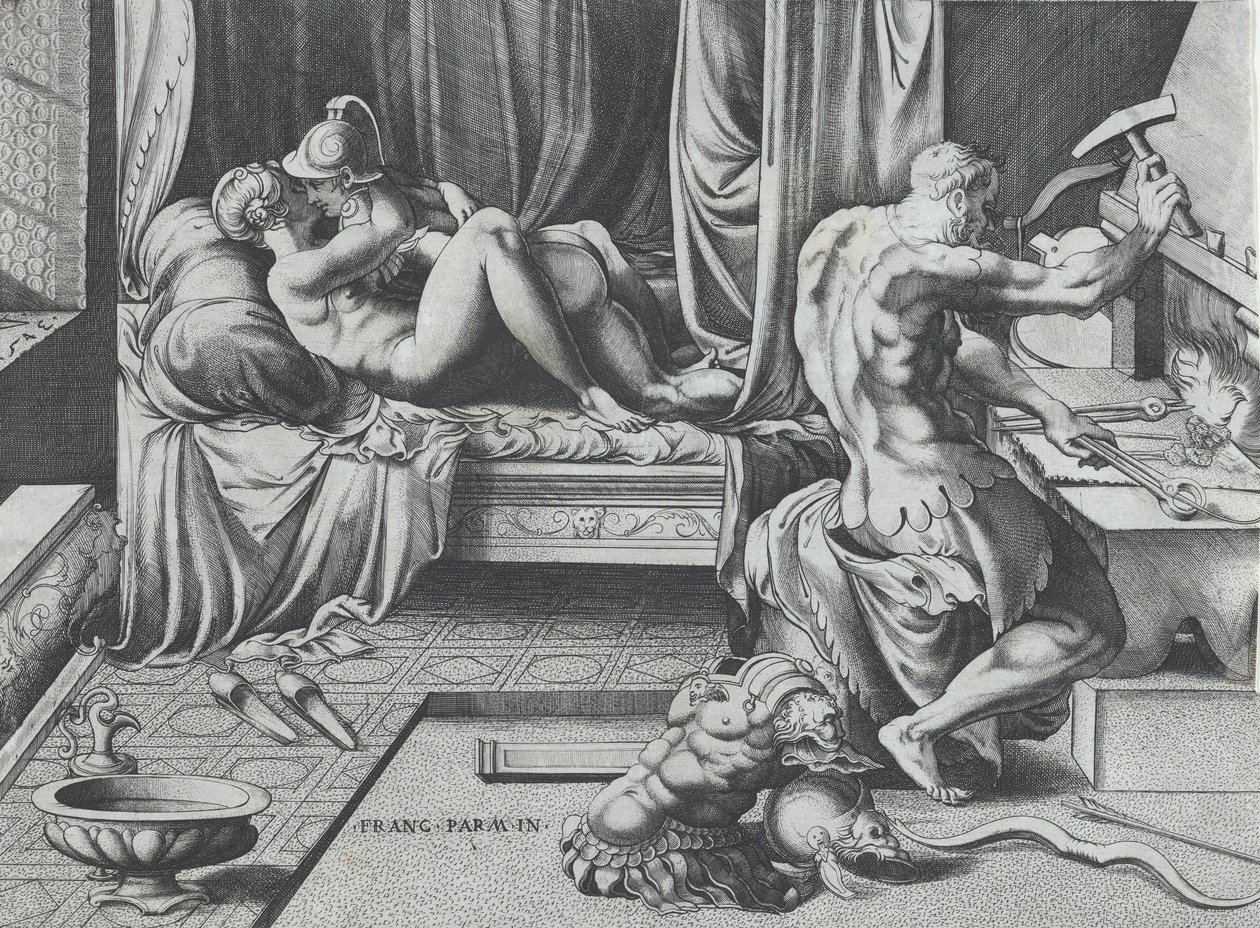 Venus y Marte abrazándose mientras Vulcano trabaja en su fragua, 1543 de Enea Vico