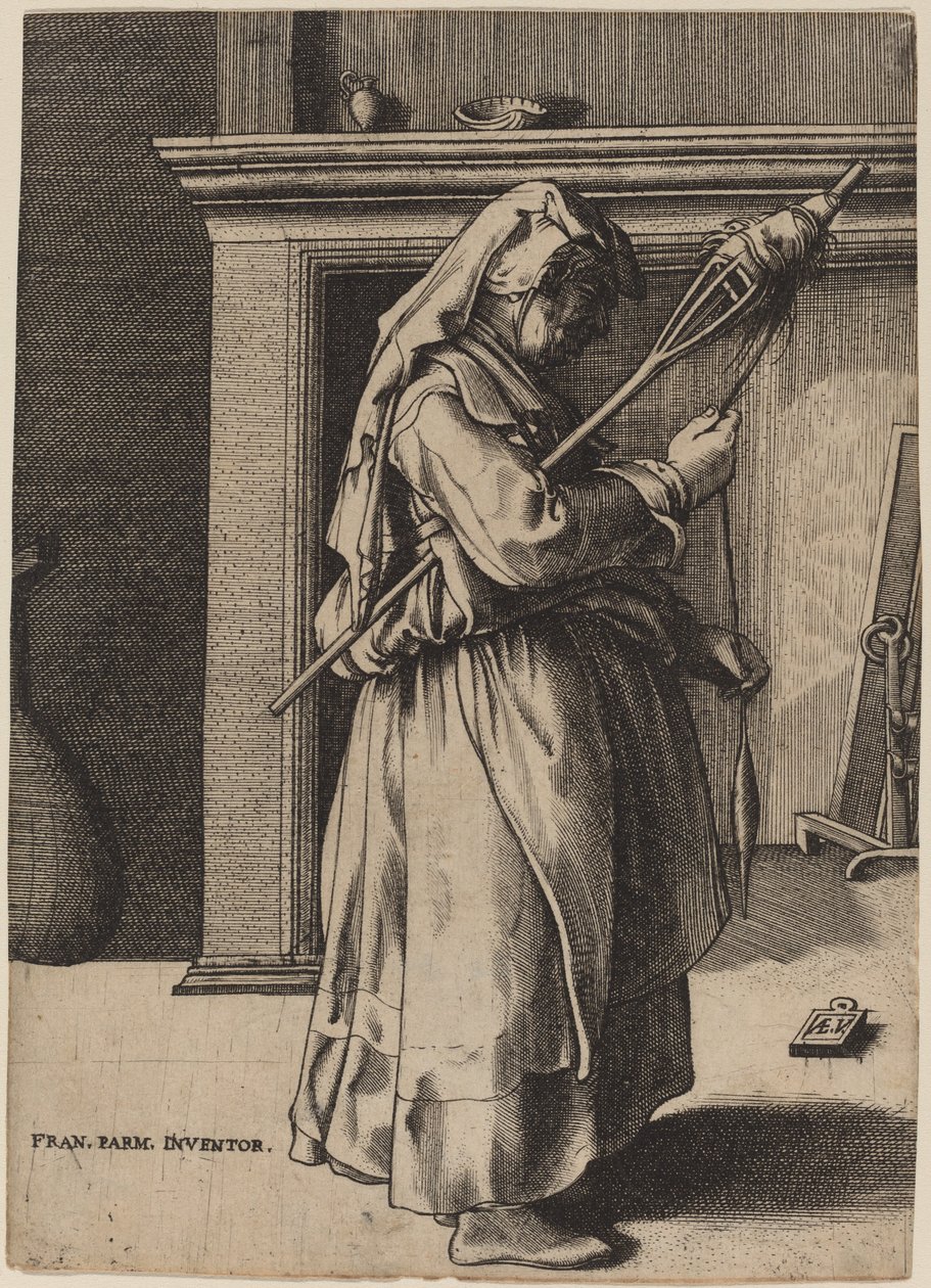 Anciana con una Rueca de Enea Vico after Parmigianino