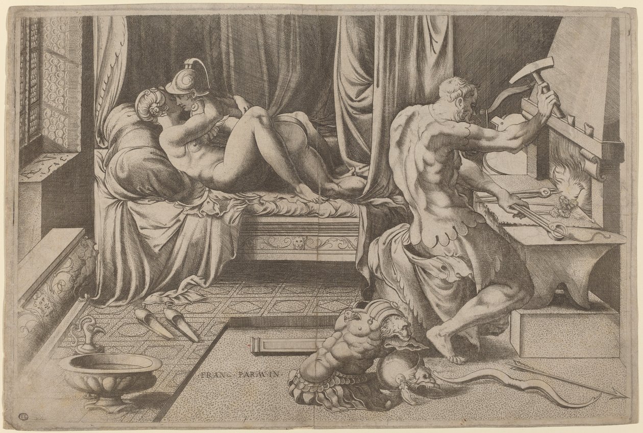 Venus y Marte abrazándose con Vulcano en su fragua de Enea Vico after Parmigianino