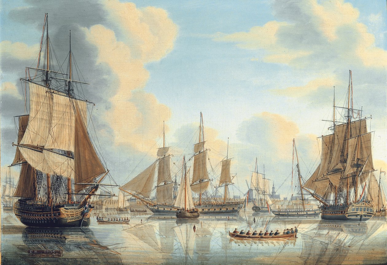 La flota batava bajo el vicealmirante Carel Hendrik Verhuell en Flushing de Engel Hoogerheyden