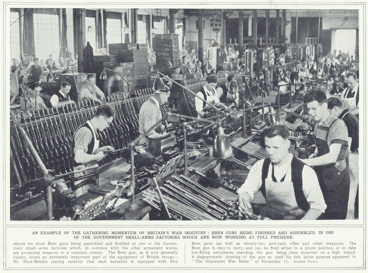 Ametralladoras Bren siendo terminadas y ensambladas en una de las fábricas de armas pequeñas del gobierno, de The Illustrated War News, publicado el 22 de noviembre de 1939 de English Photographer