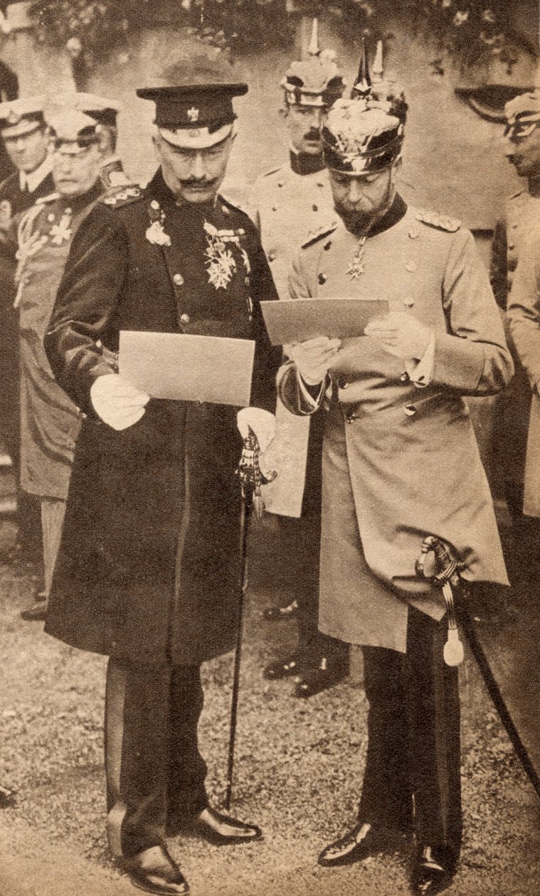 El rey Jorge V y el káiser Guillermo II discutiendo órdenes de operación en Alemania en 1913, ilustración de 