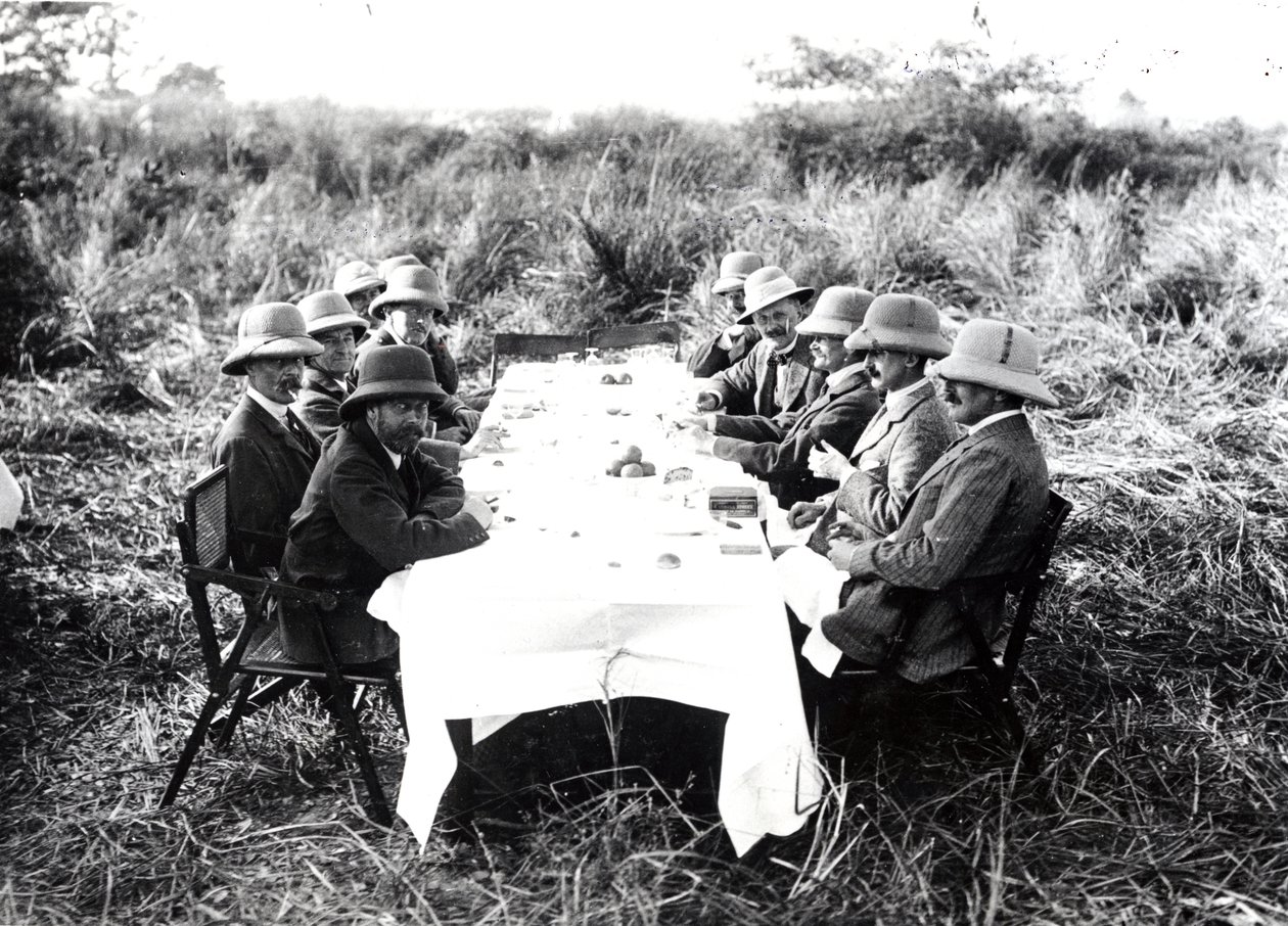 El Rey Jorge V almorzando en el Valle de Chitwan durante una cacería de tigres, 1911 de English Photographer