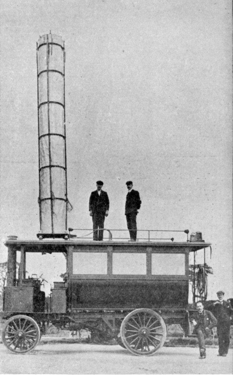 El automóvil del Sr. Marconi, equipado con el embudo para transmitir y recibir telegramas inalámbricos, ilustración de The King, 25 de mayo de 1901 de English Photographer