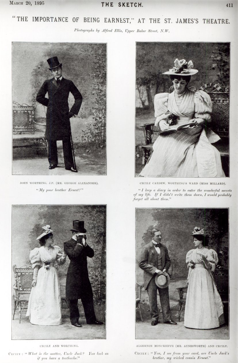 Escenas de La importancia de llamarse Ernesto, por Oscar Wilde (1854-1900) en el Teatro St. James, de Sketch, 20 de marzo de 1895 de English Photographer