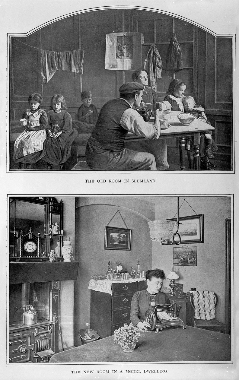 La vieja habitación en Slumland y la nueva habitación en una vivienda modelo de English Photographer