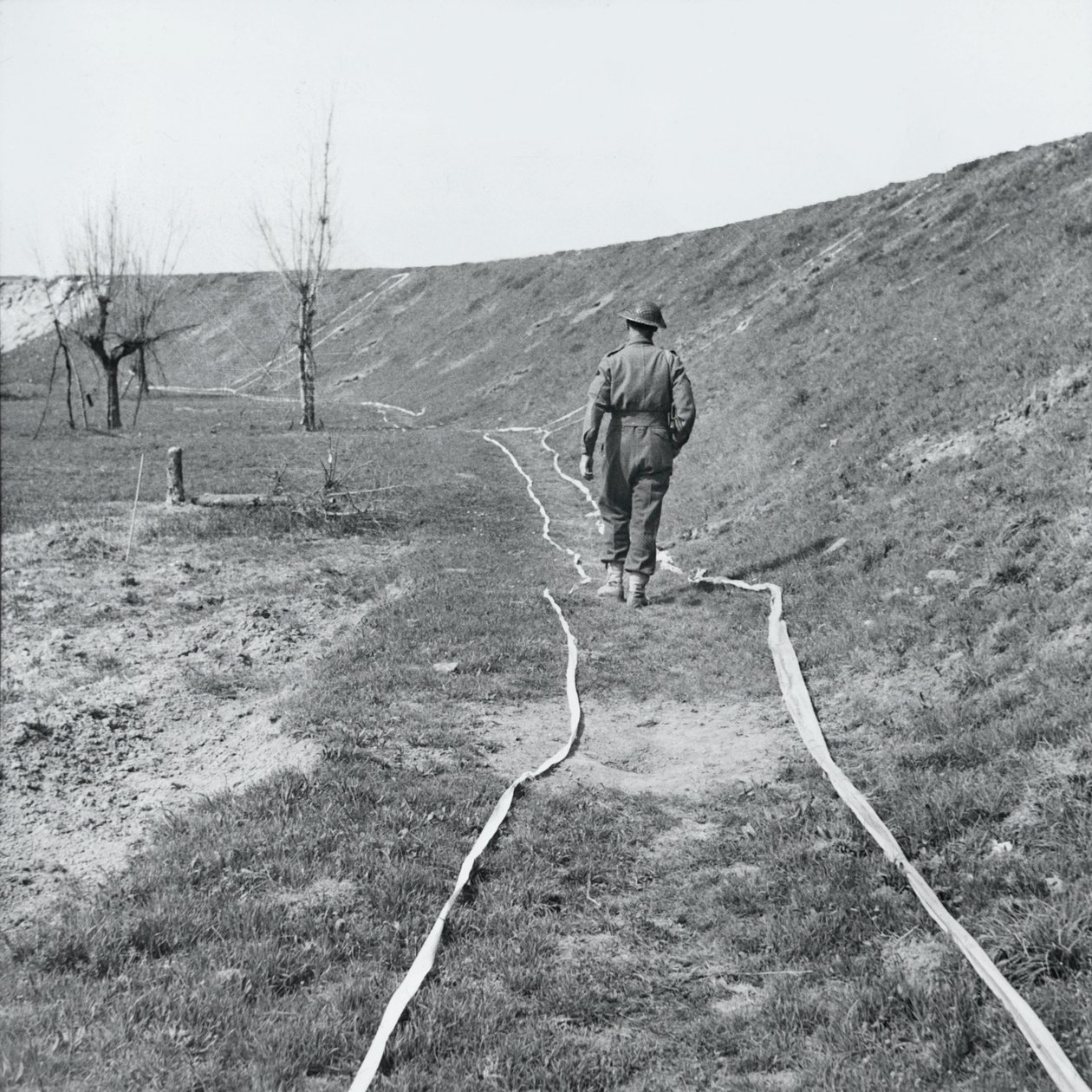 Cinta blanca marcando caminos despejados a través de un campo de minas, junto al río Senio, Italia, marzo de 1945 de English Photographer