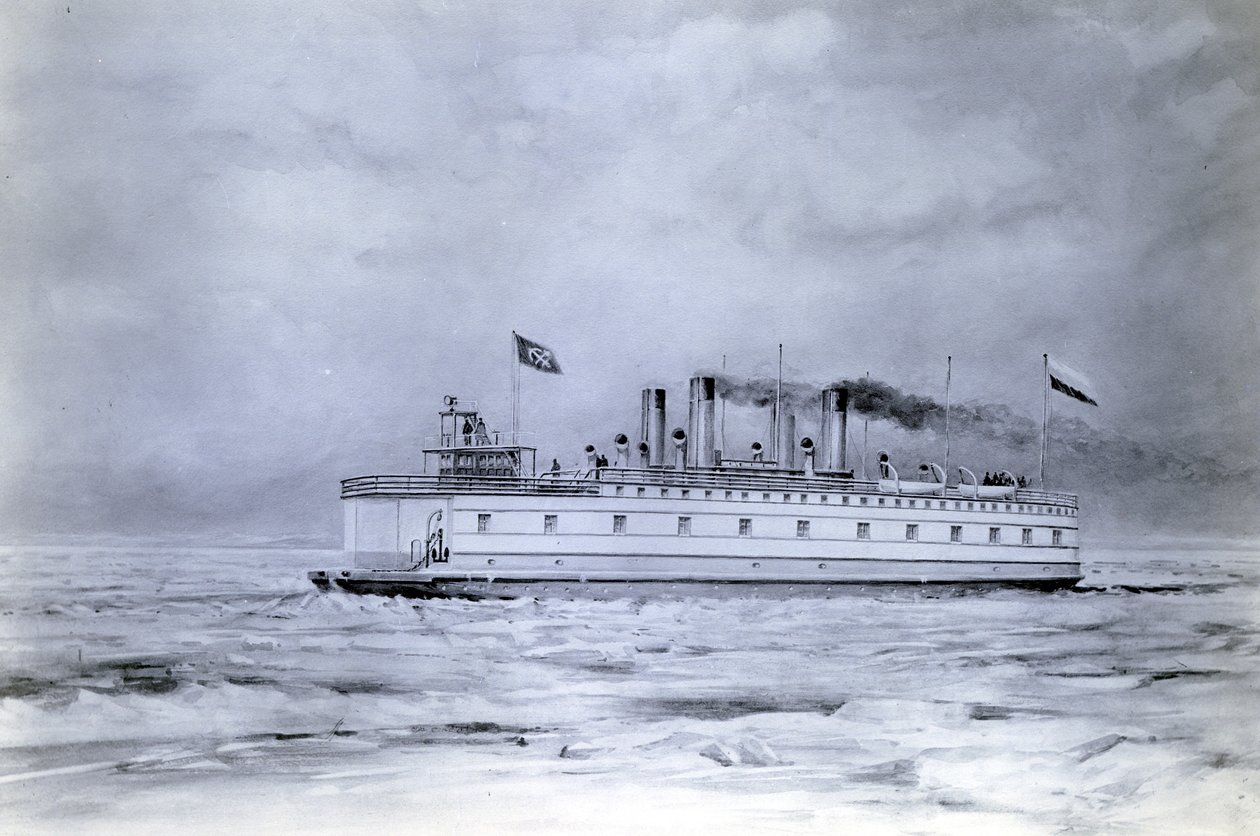 Número de astillero 647, Baikal. Fotografía de una pintura que muestra el rompehielos transbordador de trenes Baikal en servicio de English Photographer