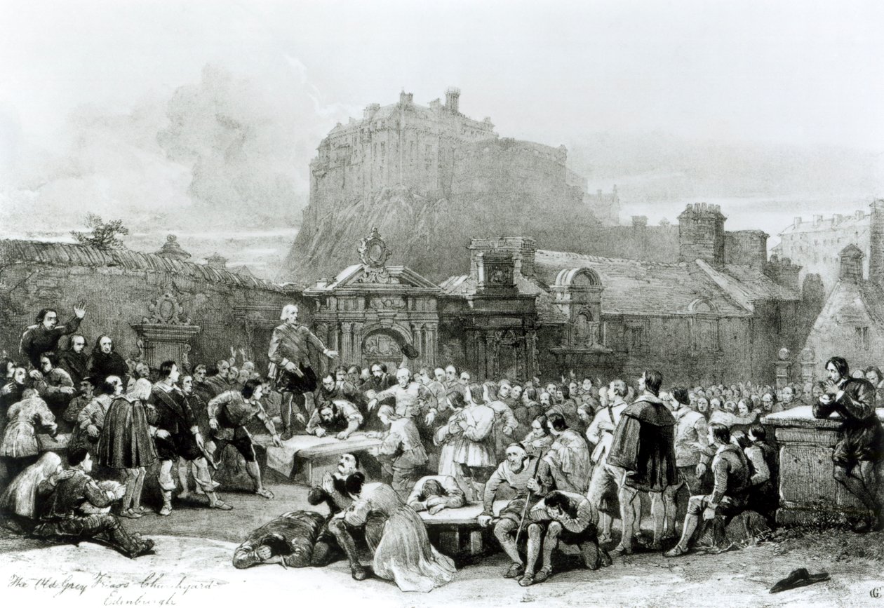 Una multitud hace fila para firmar el Pacto Nacional frente al cementerio de Grey Friar, Edimburgo en 1638 de English School