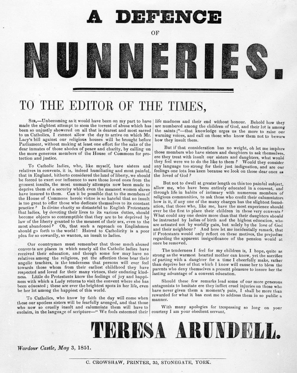 Una defensa de los conventos por Theresa Arundell, 1851 de English School