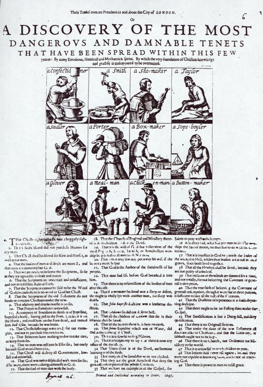 Un descubrimiento de los tenets más peligrosos y condenables que se han difundido en estos pocos, publicado en 1647 de English School